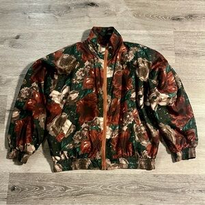 Vintage 90s Malcolm Flowers Floral 100% Silk Lightweight Bomber Jacket Large